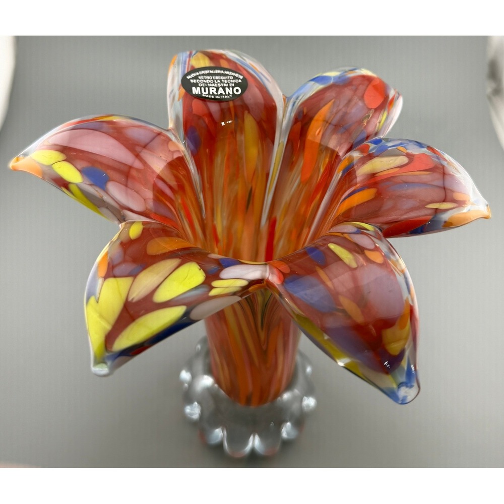 Vintage Murano Vetro Eseguito Vase Art Glass Multicolor Tulip Scalloped Base 6.5